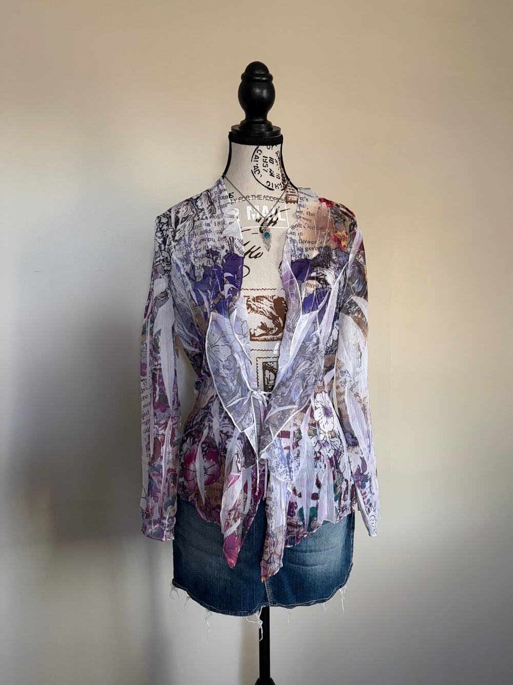 Y2K 90s Purple Fairy Grunge Whimsigoth Long Sleeve Sheer Tie Front Ruffle Blouse